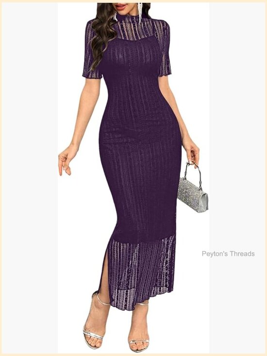 Dresses & Skirts - Contrast Lace Mock Neck Mesh Short Sleeve Pencil Midi Dress with Slit